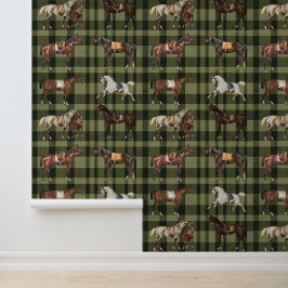 Elegante Zadelpaarden Bruin Groen Plaid Behang