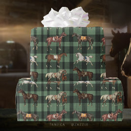 Elegante Zadelpaarden Green Plaid Cadeaupapier