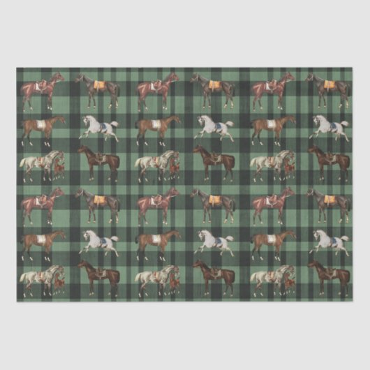 Elegante Zadelpaarden Green Plaid Tissuepapier (Voorkant)