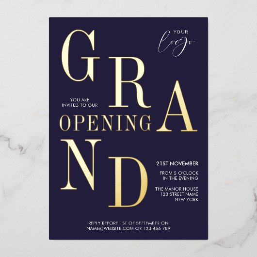 Elegante zakelijke lancering Corporate Logo Navy & Folie Uitnodiging (Voorkant)