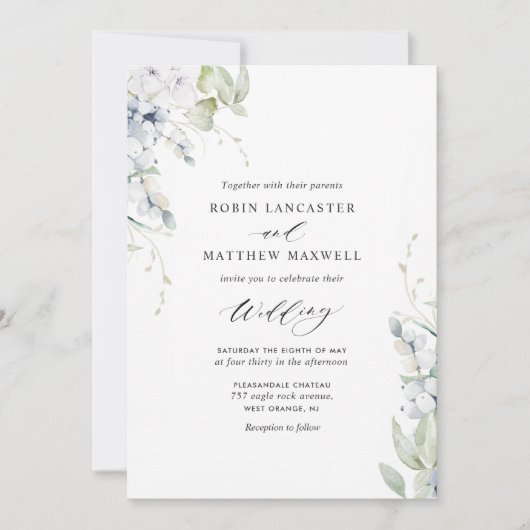 Elegante zaligheid, Stof blauw wit bloemen bruilof Kaart (Voorkant)