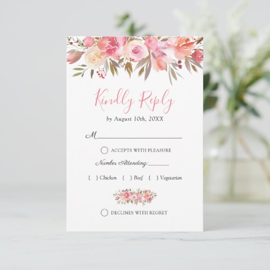 Elegante Zalm Roze Bloemen Bruiloft RSVP (Staand voorkant)