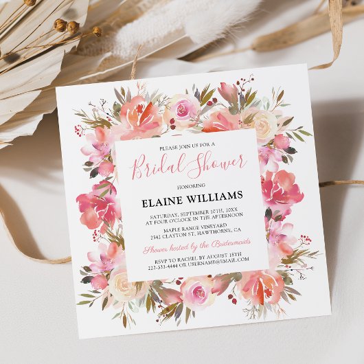 Elegante zalmroze bloem bruidsshower kaart