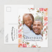 Elegante zalmroze bloemen foto save the date aankondigingskaart