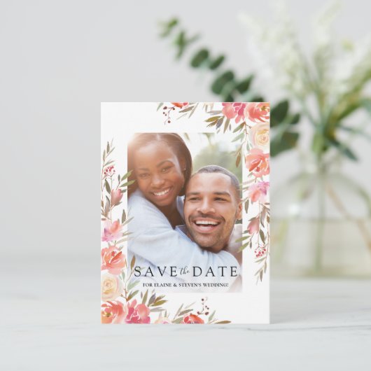 Elegante zalmroze bloemen foto save the date aankondigingskaart (Staand voorkant)