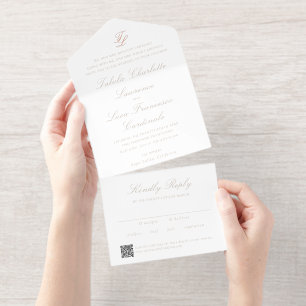 Elegante zandkleurige neutrale QR-code traditionel All In One Uitnodiging
