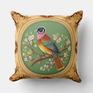 Elegante zangvogel op bloemrijke tak kussen