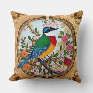Elegante zangvogel op bloemrijke tak kussen