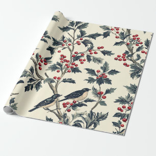Elegante Zangvogel Winter Hulst Crème Rood Patroon Cadeaupapier
