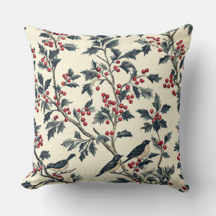 Elegante Zangvogel Winter Hulst Crème Rood Patroon Kussen