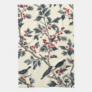 Elegante Zangvogel Winter Hulst Crème Rood Patroon Theedoek