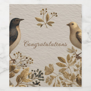 Elegante zangvogels met goudblad felicitaties wijn etiket