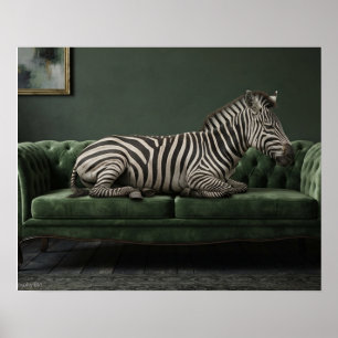 Elegante zebra op groene fluwelen bank poster