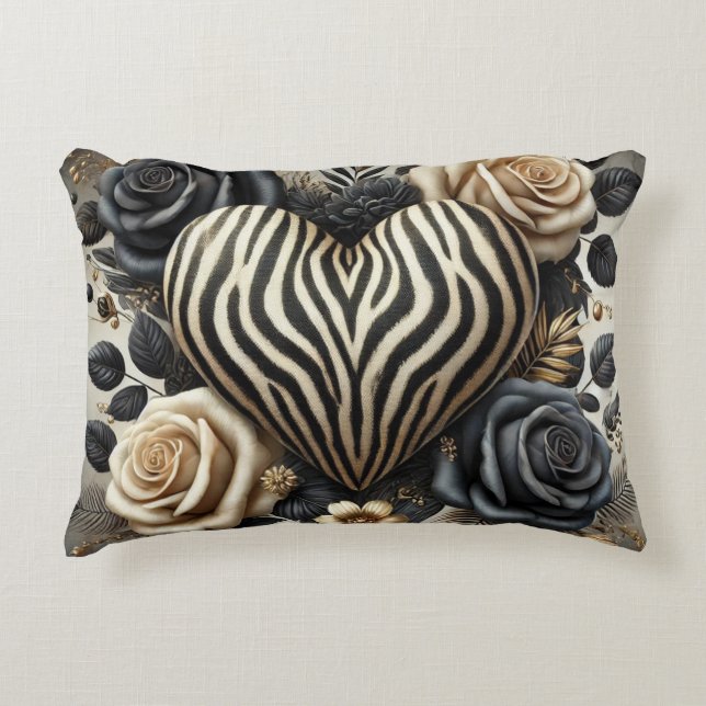 Elegante Zebra Print Hart & Rozen Accent Kussen (Voorkant)