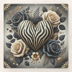 Elegante Zebra Print Hart & Rozen Glazen Onderzetter