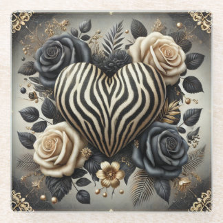 Elegante Zebra Print Hart & Rozen Glazen Onderzetter