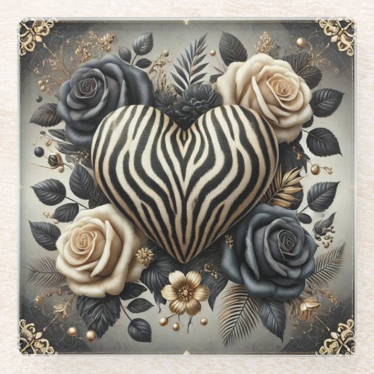 Elegante Zebra Print Hart & Rozen Glazen Onderzetter (Voorkant)