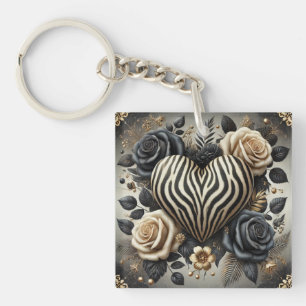 Elegante Zebra Print Hart & Rozen Sleutelhanger
