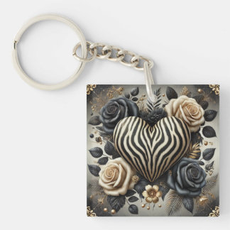 Elegante Zebra Print Hart & Rozen Sleutelhanger