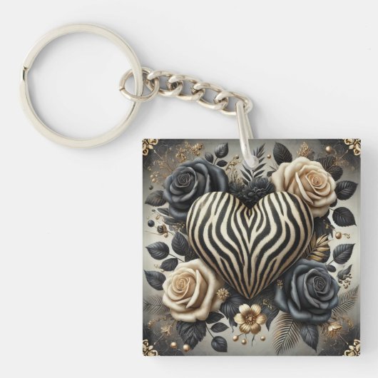 Elegante Zebra Print Hart & Rozen Sleutelhanger (Voorkant)