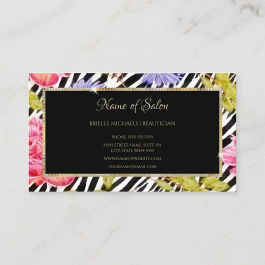 Elegante Zebra Print Roze Bloemen Goud Lijst Salon Visitekaartje (Achterkant)