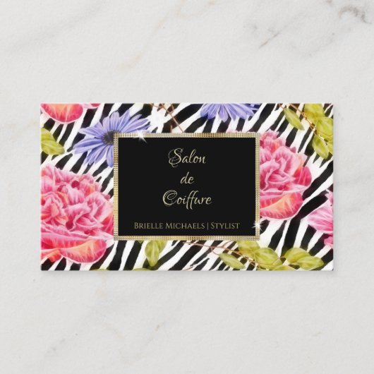 Elegante Zebra Print Roze Bloemen Goud Lijst Salon Visitekaartje (Voorkant)
