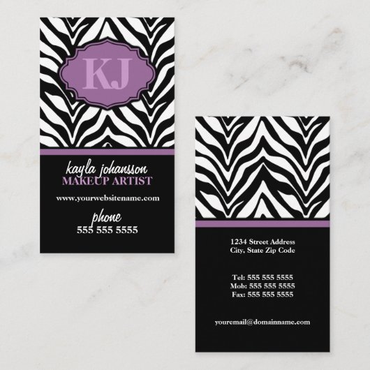 Elegante zebraprint monogram visitekaartje (Voorkant / Achterkant)
