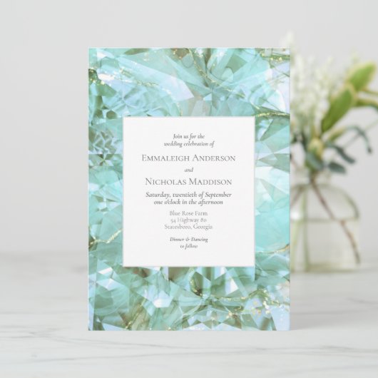 Elegante Zee Glass Crystal Edelsteen bruiloft Kaart (Staand voorkant)