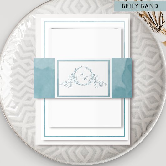 Elegante Zee Glass Monogram Waterverf bruiloft Uitnodigingen Wikkel