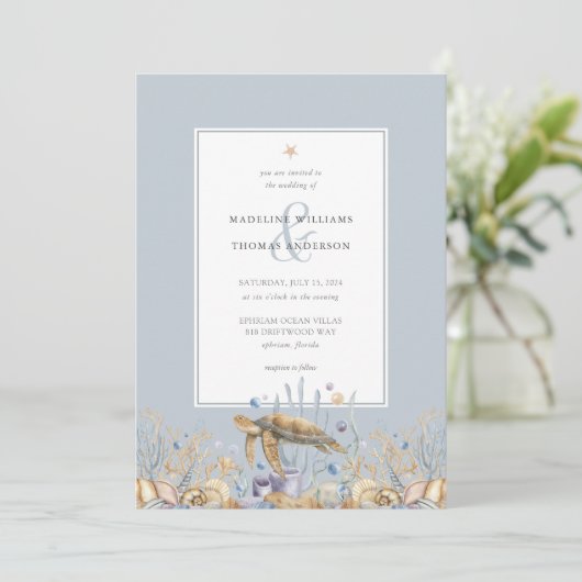 Elegante Zee Schildpad Ocean Wedding Invitation Kaart (Staand voorkant)
