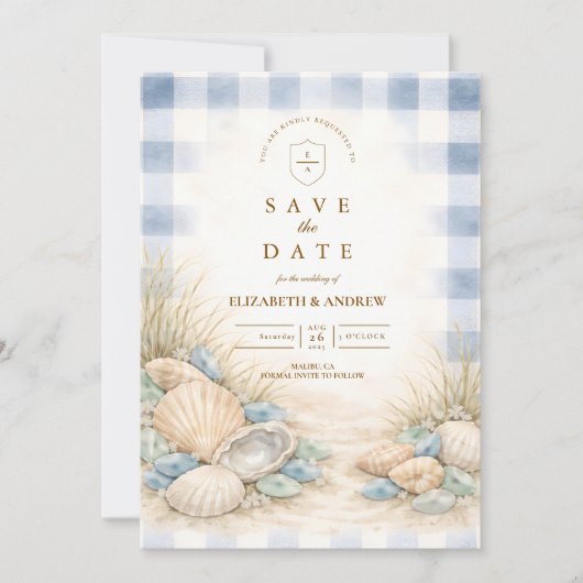 Elegante Zeehuwelijk met Schelpen Save The Date (Voorkant)