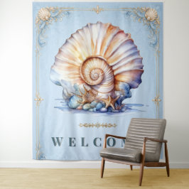 Elegante zeeschelpen strand huwelijks welkomstbord wandkleed