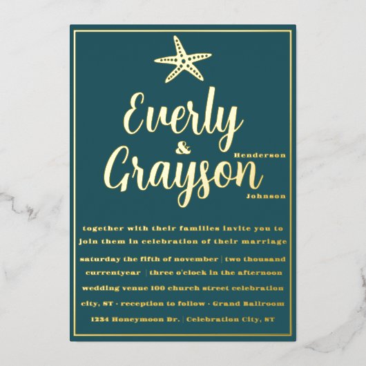 Elegante Zeester Teal en Gouden Strand Bruiloft Folie Uitnodiging (Voorkant)