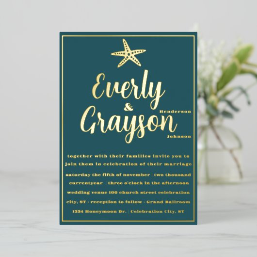 Elegante Zeester Teal en Gouden Strand Bruiloft Folie Uitnodiging (Staand Voorkant)
