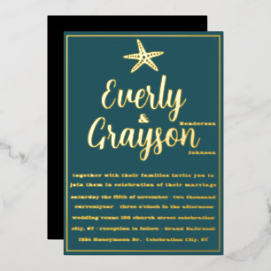 Elegante Zeester Teal en Gouden Strand Bruiloft Folie Uitnodiging