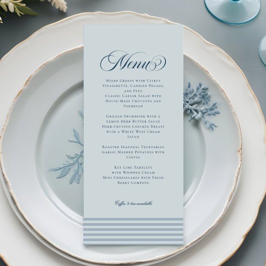 Elegante Zeezijde Kust Blauw Gestreepte Trouw Menu