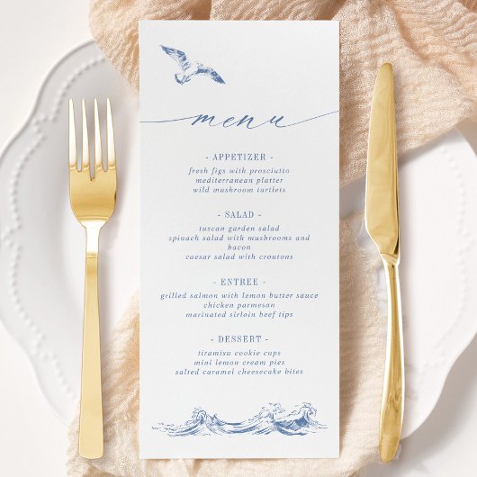 Elegante Zeezijdige Kust Chic Blauwe Bruiloft Menu