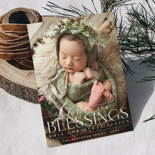 Elegante zegening Foto groen Baby 1e kerst Feestdagenkaart