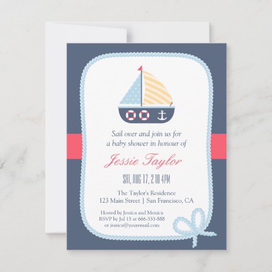 Elegante zeilboot Nautische babyshower uitnodiging (Voorkant)