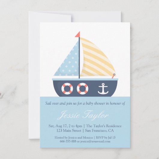 Elegante zeilboot nautische babyshower uitnodiging (Voorkant)