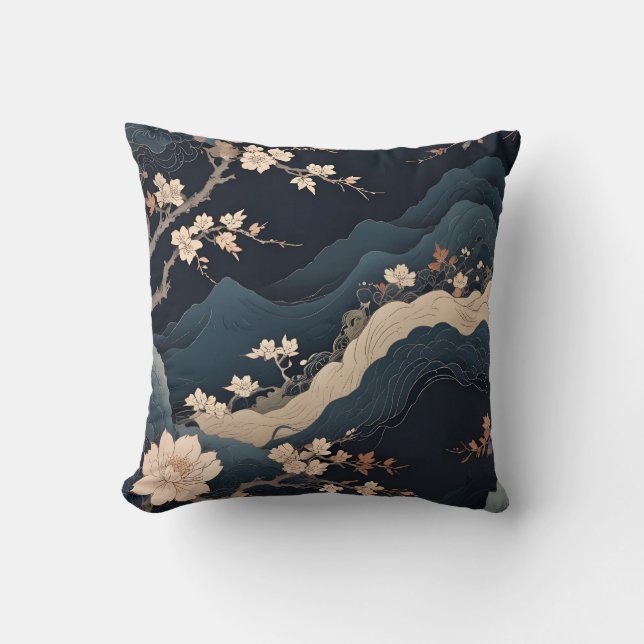 Elegante Zen Cherry Blossom en Mountain Throw Pill Kussen (Voorkant)