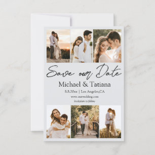 Elegante zes foto's collage moderne script grijs save the date