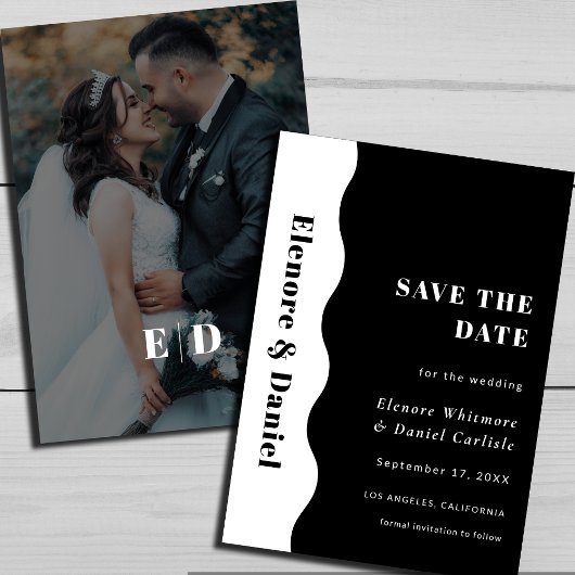 Elegante zijgolf zwart-wit foto bruiloft save the date