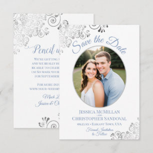 Elegante Zilver & Blauw op Witte Foto Huwelijks Save The Date