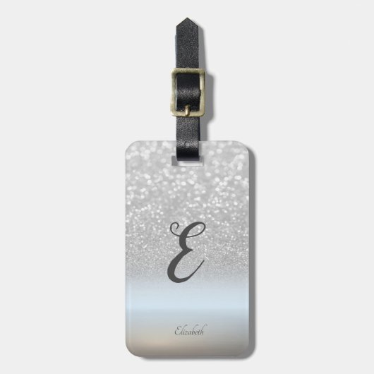 Elegante Zilver Glitter Bokeh Ombre Monogram Bagagelabel (Voorkant verticaal)