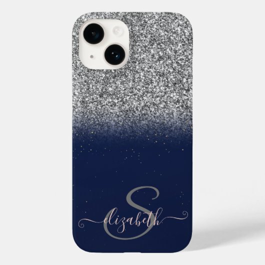 Elegante Zilver Glitter Ombre, Marineblauw Monogra Case-Mate iPhone Case (Achterkant)