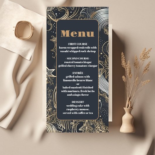 Elegante Zilver Gouden Hemelse Bruiloft Menu