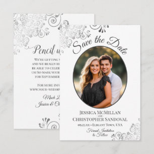 Elegante Zilver & Grijs op Witte Ovale Fototrouwka Save The Date