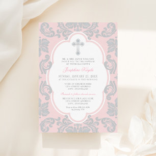 Elegante Zilver Roze Damast Baby Meisje Doop Kaart