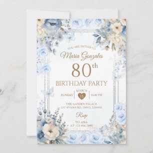 Elegante Zilver & Stofblauwe Rozen 80ste Verjaarda Kaart